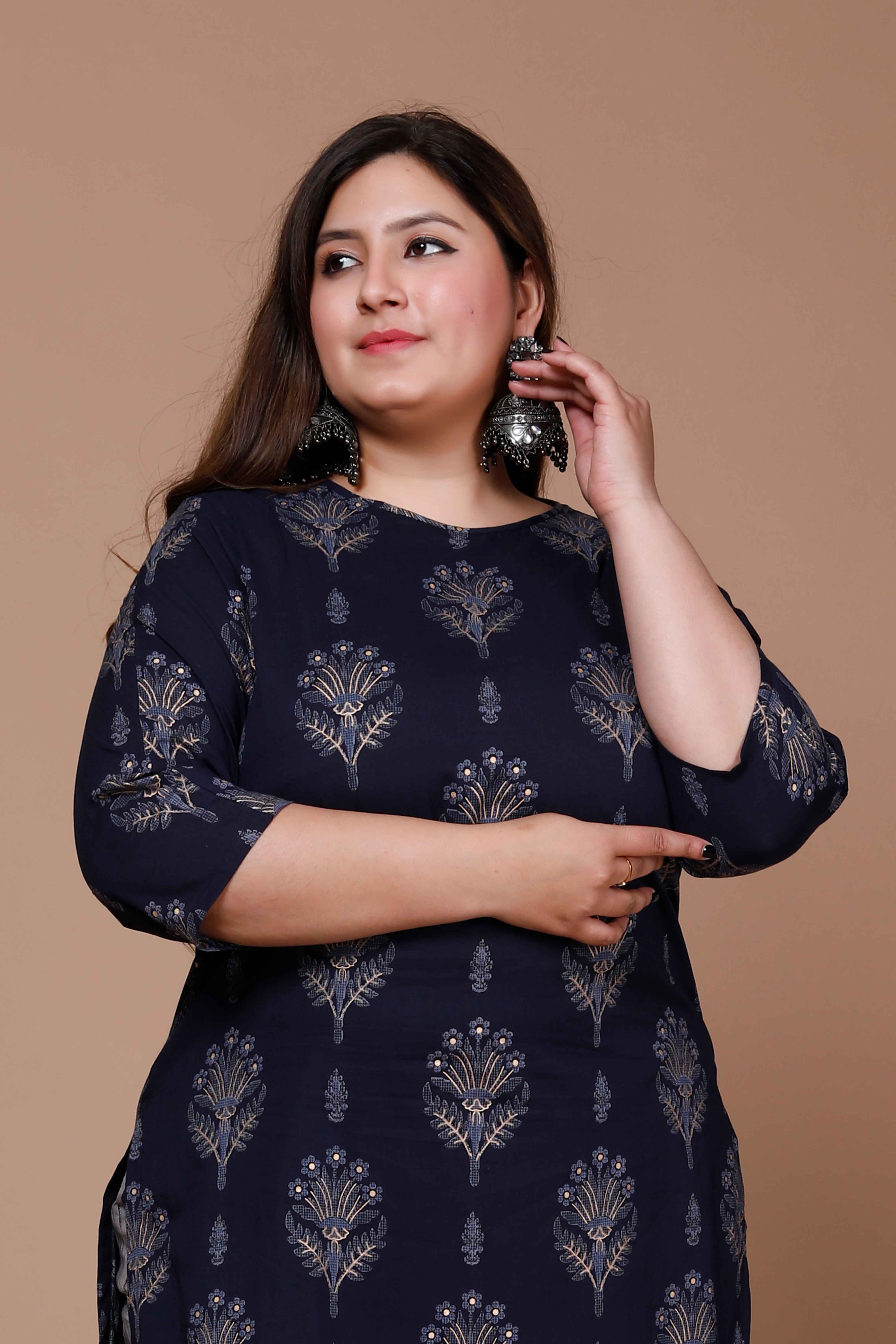 Blue Floral Printed Cotton Kurta with Grey Sharara Set